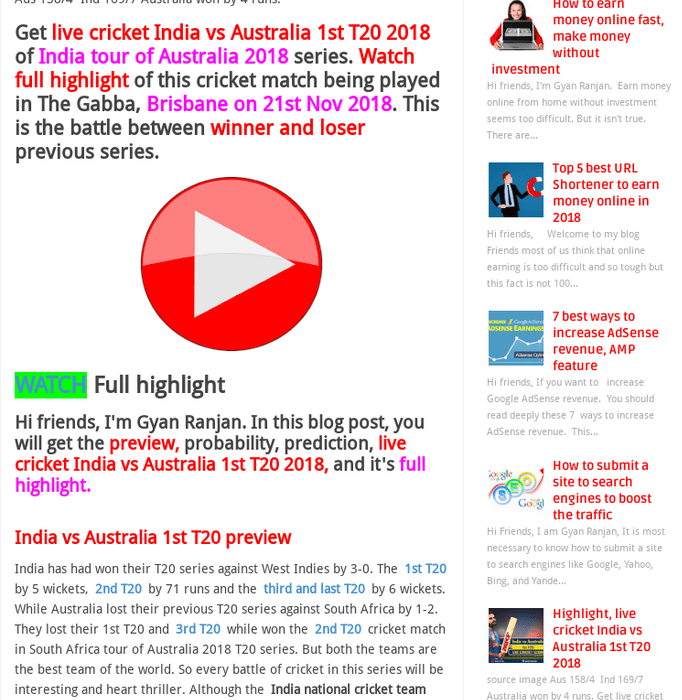 Highlight, live cricket India vs Australia 1st T20 2018