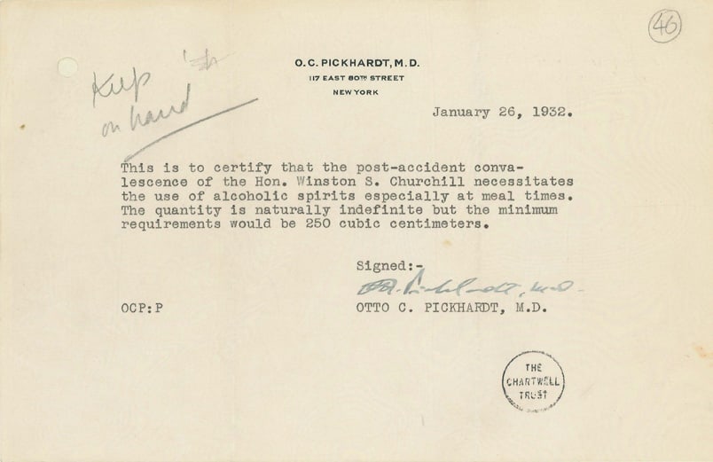 Winston Churchill's prescription for alcohol to get around American Prohibition