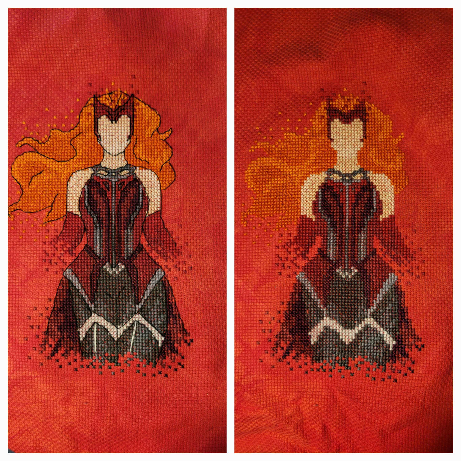 [FO] The Scarlet Witch before and after backstitch! Pattern by AbbieSueDesigns on Etsy! Did this for a cross stitch exchange. Now I just have to frame it!!