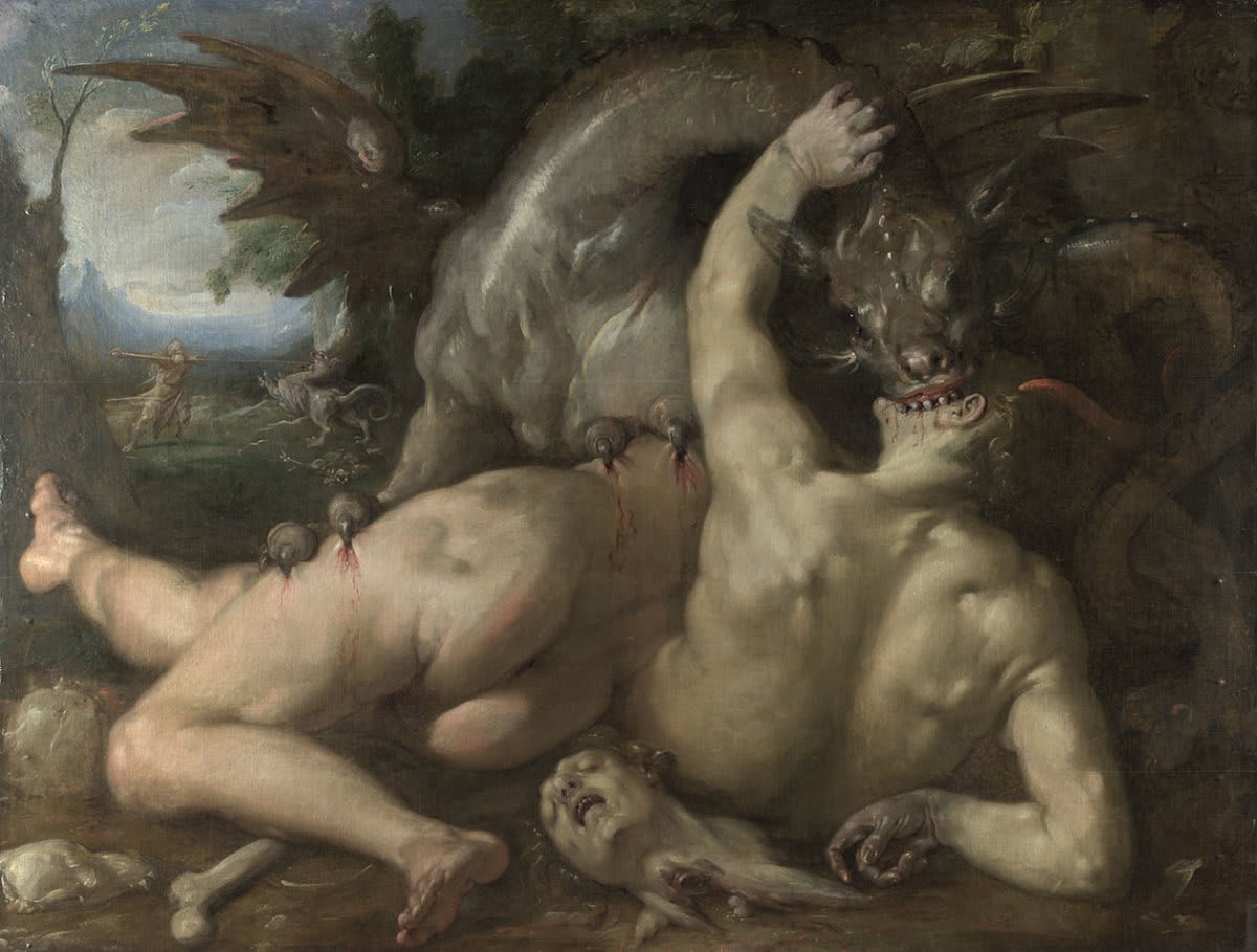 A grotesque painting by Cornelis van Haarlem sees a dragon sinking its teeth in a man’s cheek, tearing flesh, and a torn head lying among the bones of its previous victims. Get a closer look on our website...if you dare: