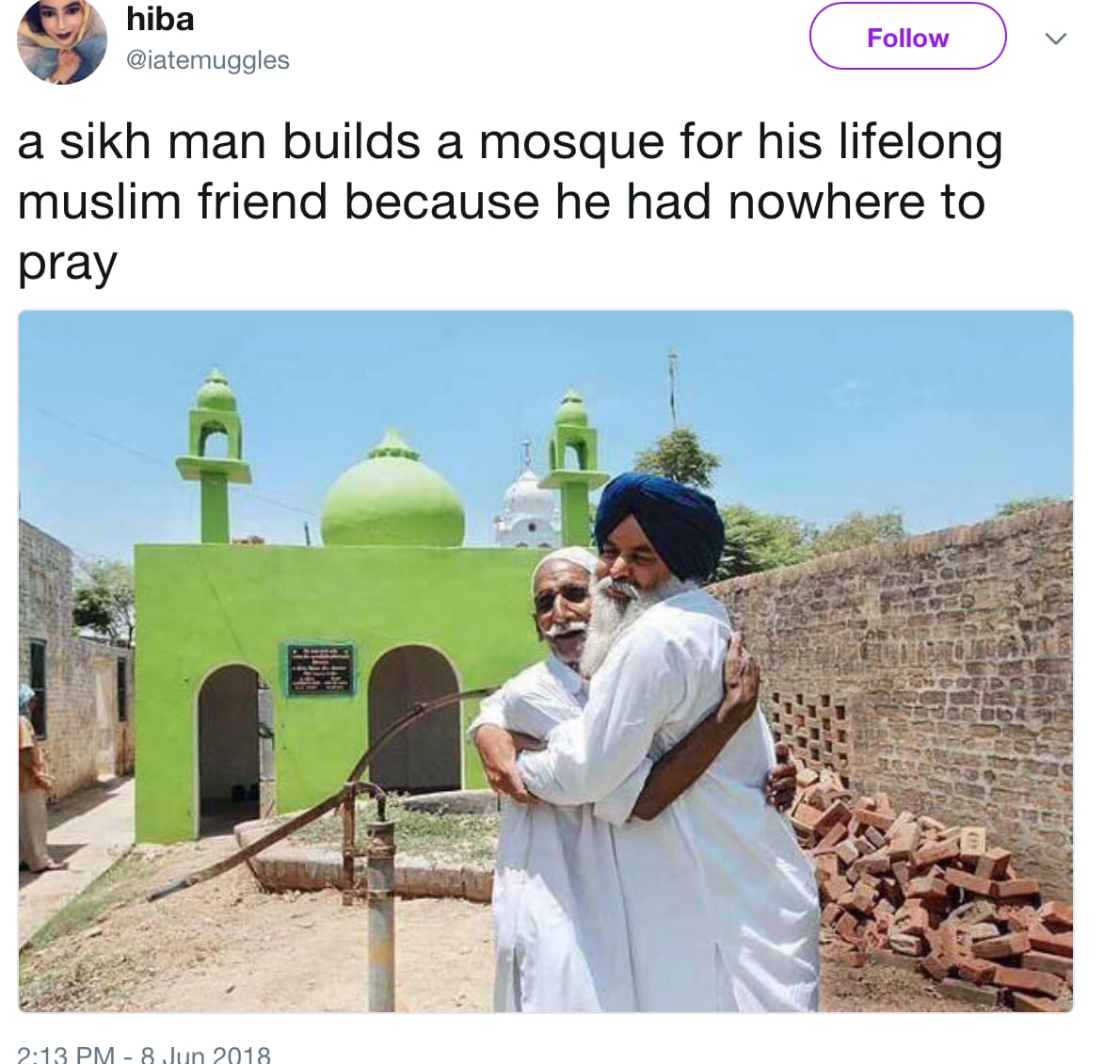 Sikh man builds his friend a mosque