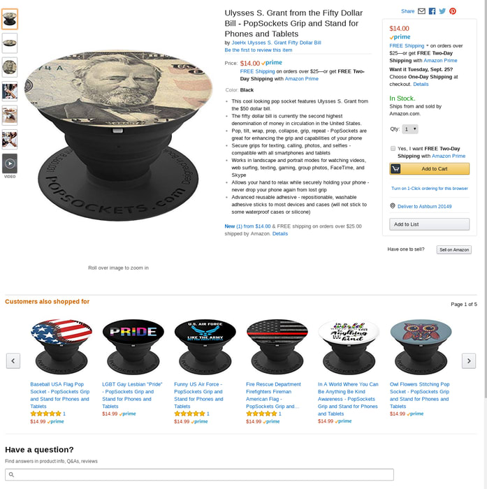 Ulysses S. Grant from the Fifty Dollar Bill - PopSockets Grip and Stand for Phones and Tablets