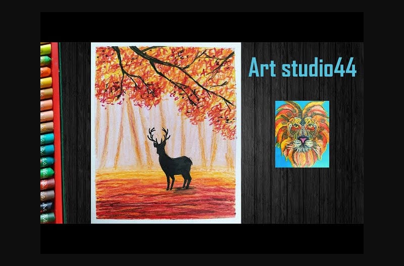 Fall Scenery Drawing with oil pastels for kids-Reindeer-step by step-Beginners