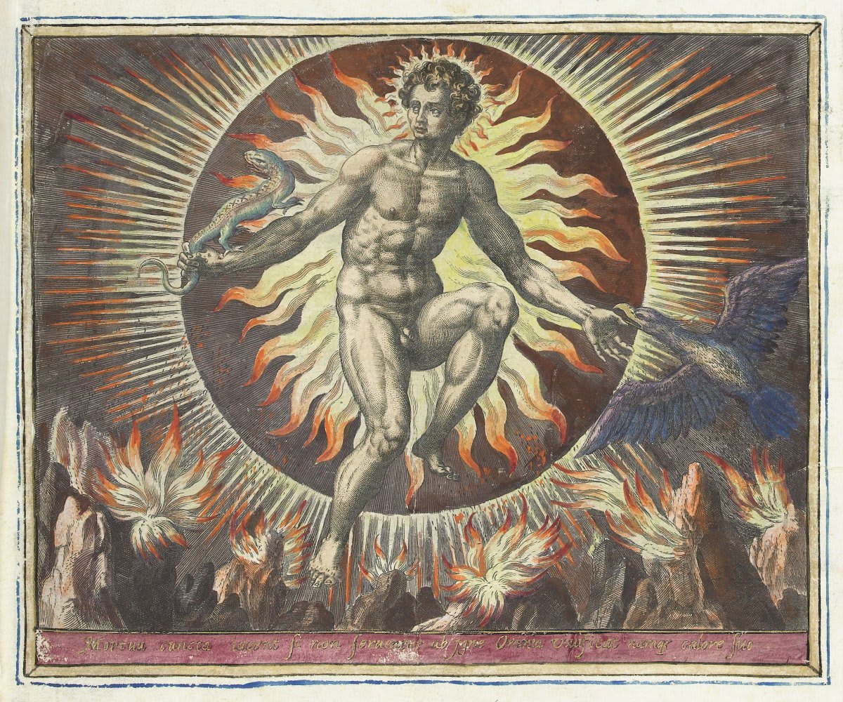Fire — one of four 16th-century engravings by Adriaen Collaert (after paintings Maerten de Vos) depicting the four classical elements. Helios is seen encircled by flames, a Phoenix rising towards him and in his hand a salamander....(1/2)