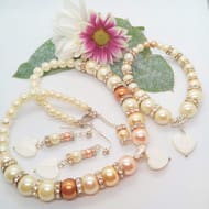 Cream Gold and Peach Pearl and Cyrstal 3 Piece Bridal Jewellery Set