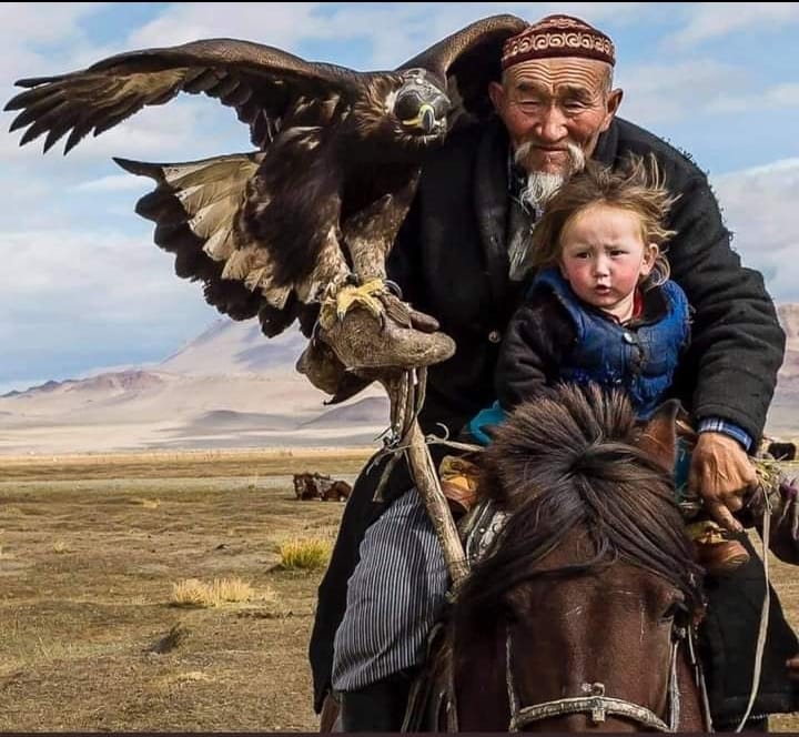 Just a grandpa riding a horse with his grandchild and pet eagle.