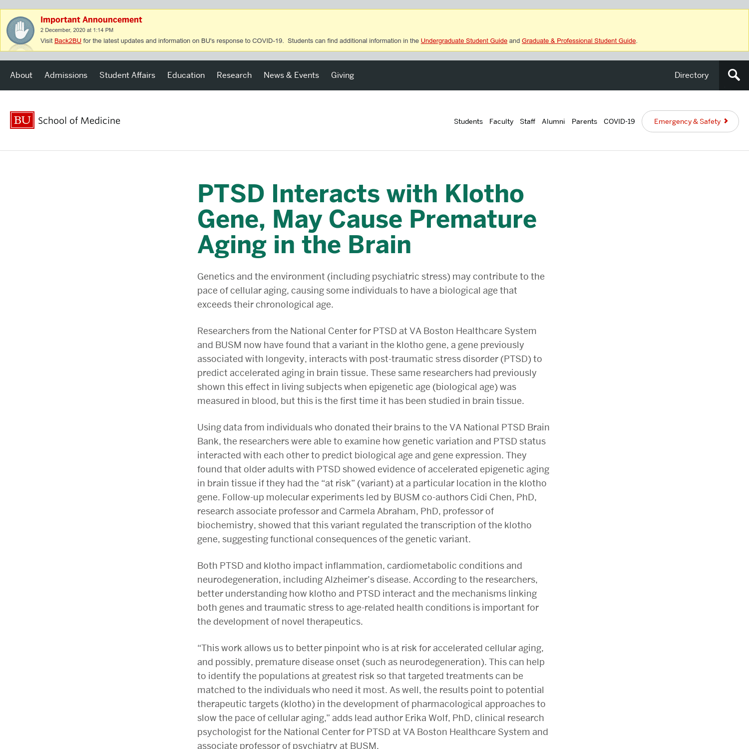 PTSD Interacts with Klotho Gene, May Cause Premature Aging in the Brain | School of Medicine