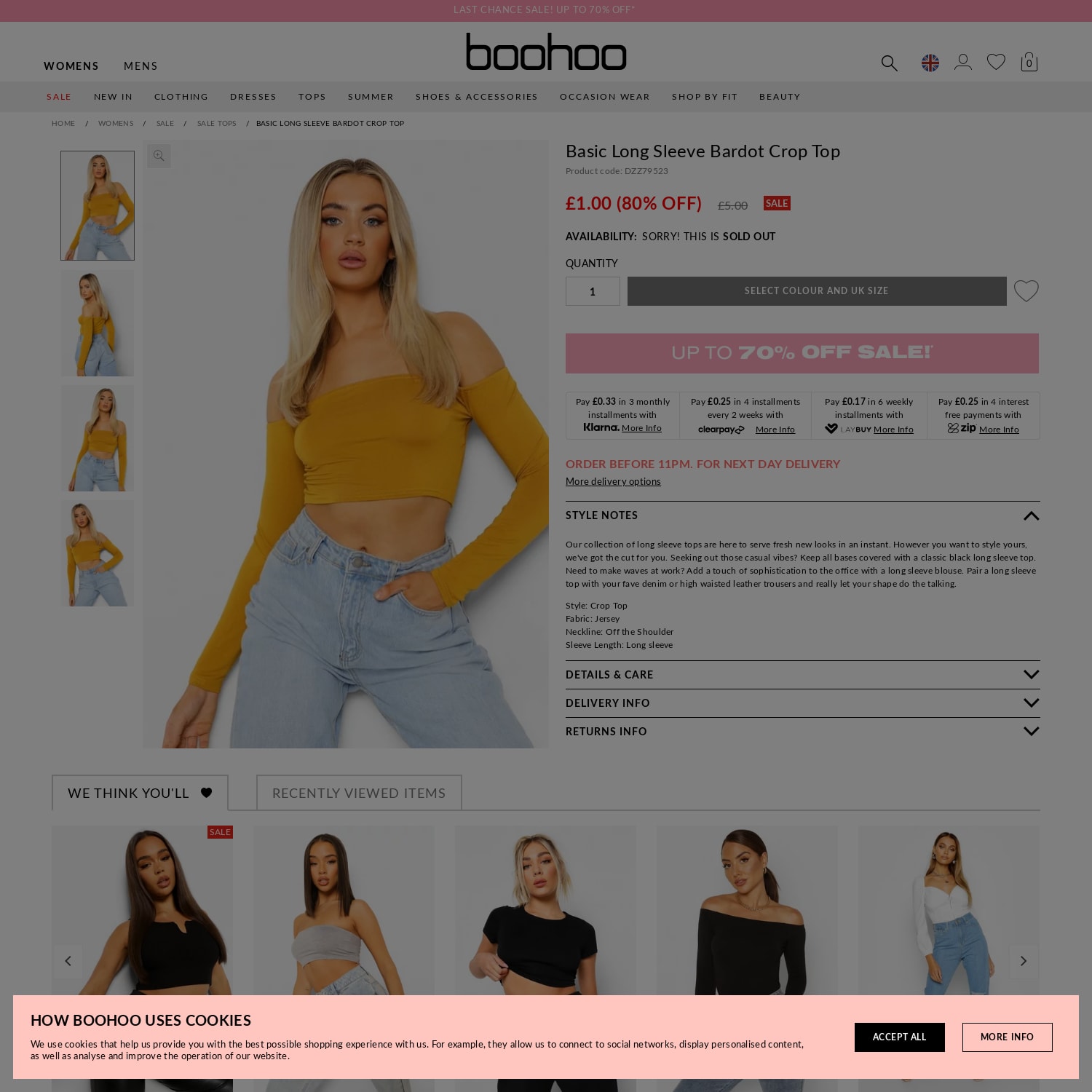 Women's Basic Long Sleeve Bardot Crop Top