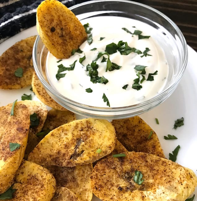 Oven Fried Plantain Chips with Zesty Dip