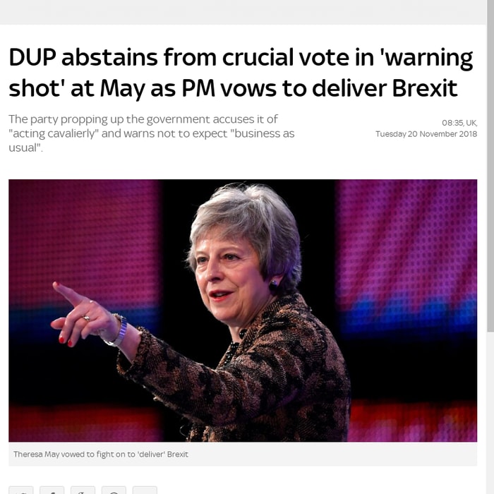 DUP abstain from crucial vote in 'warning shot' to May as PM vows to deliver Brexit