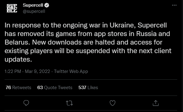 Supercell has removed their games from the russian and belarusian app stores