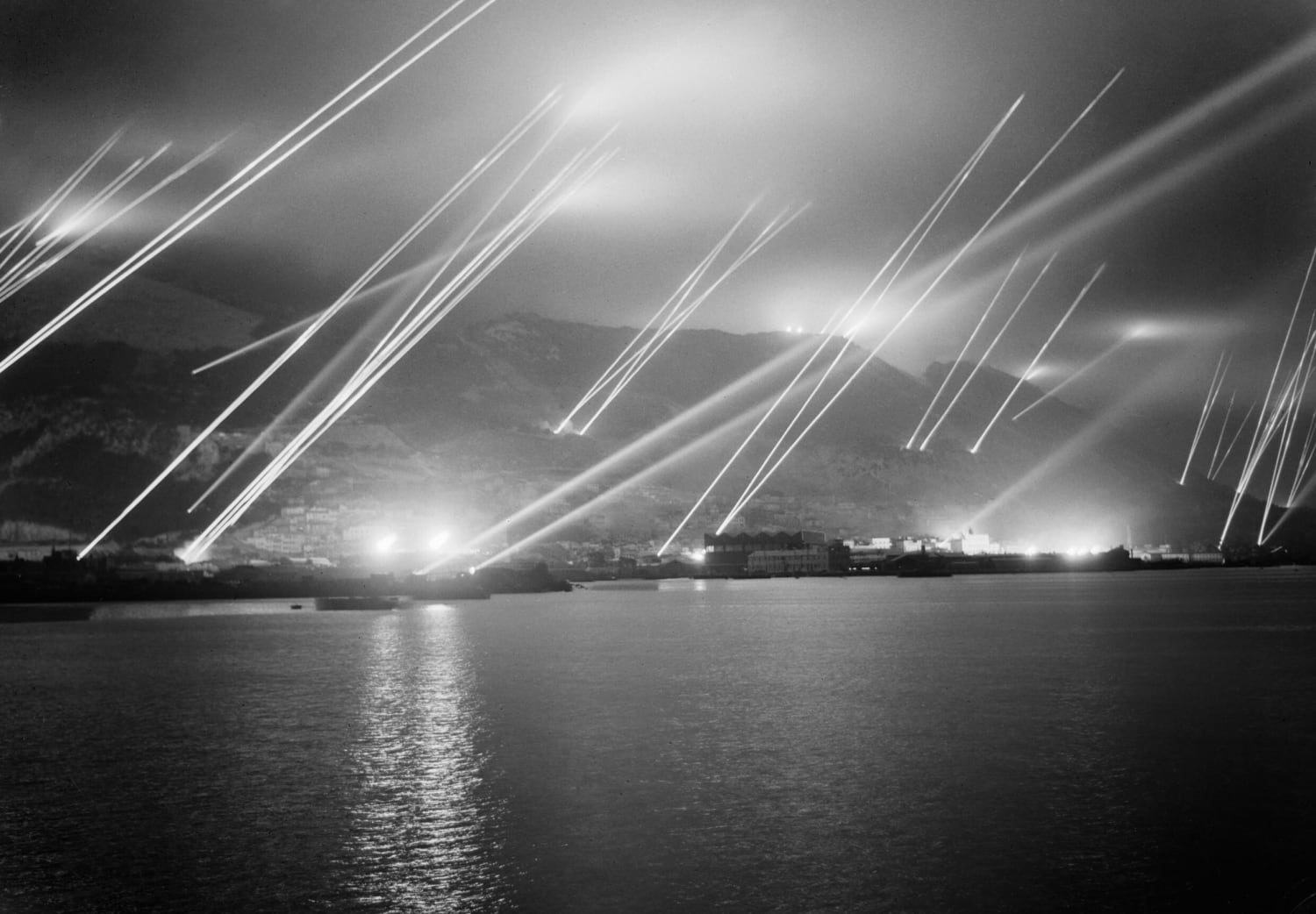 Searchlights over Gibraltar during air raid drill conducted by Royal Artillery - 1942