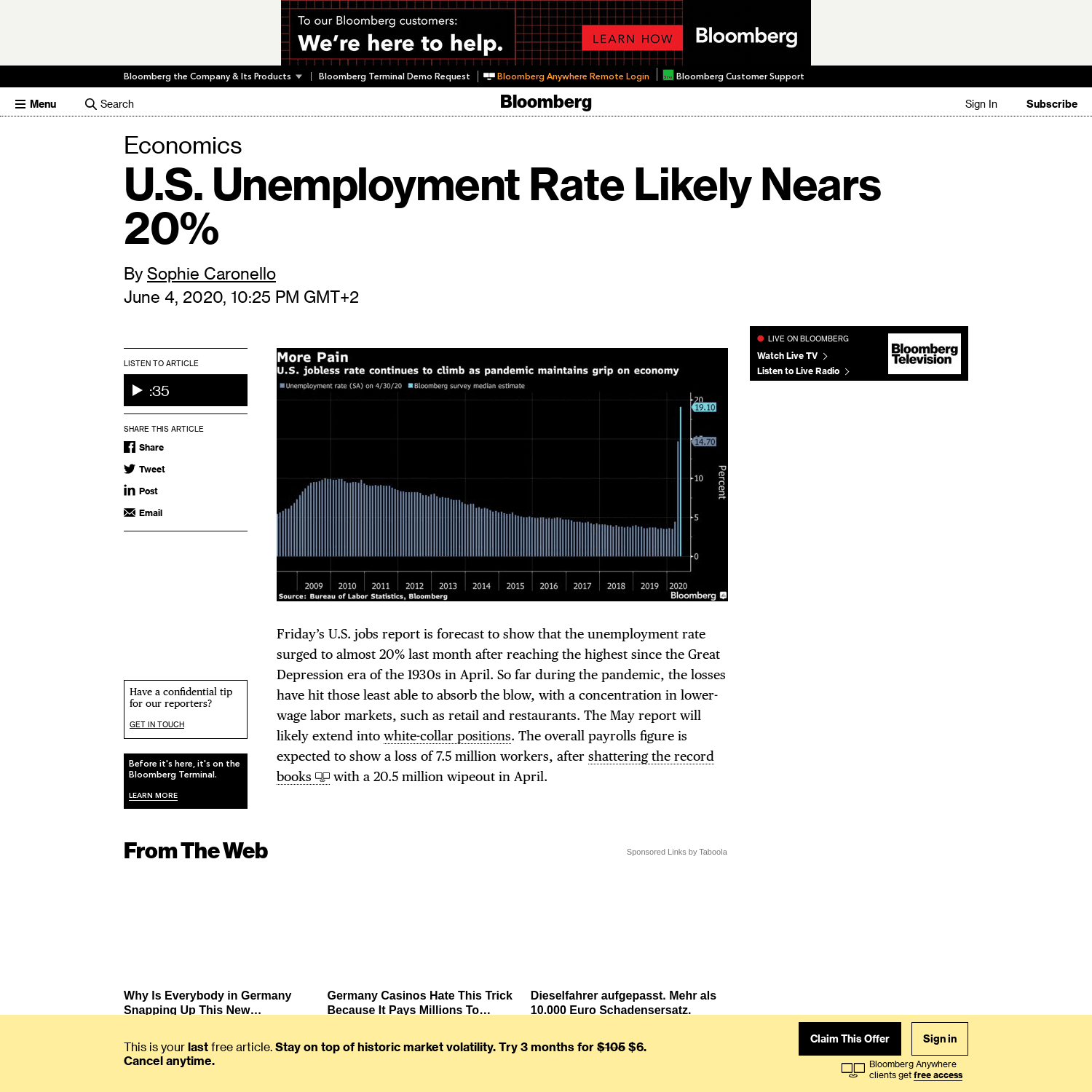 U.S. Unemployment Rate Likely Nears 20%