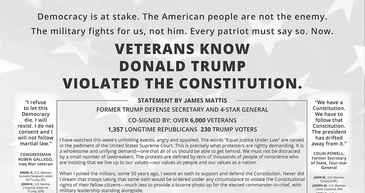Help run this full-page newspaper ad with veterans, 4-star generals, and former Trump voters calling Trump unpatriotic.