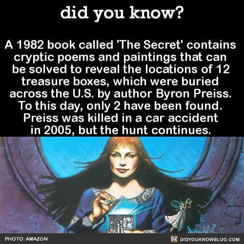A book from 1982 leaves clues to twelve treasures buried across the USA. Only two have been found. - Imgur | Book called the secret, Wtf fun facts, Fun facts