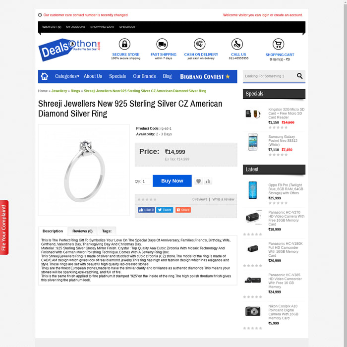 Shreeji Jewellers New 925 Sterling Silver CZ American Diamond Silver Ring