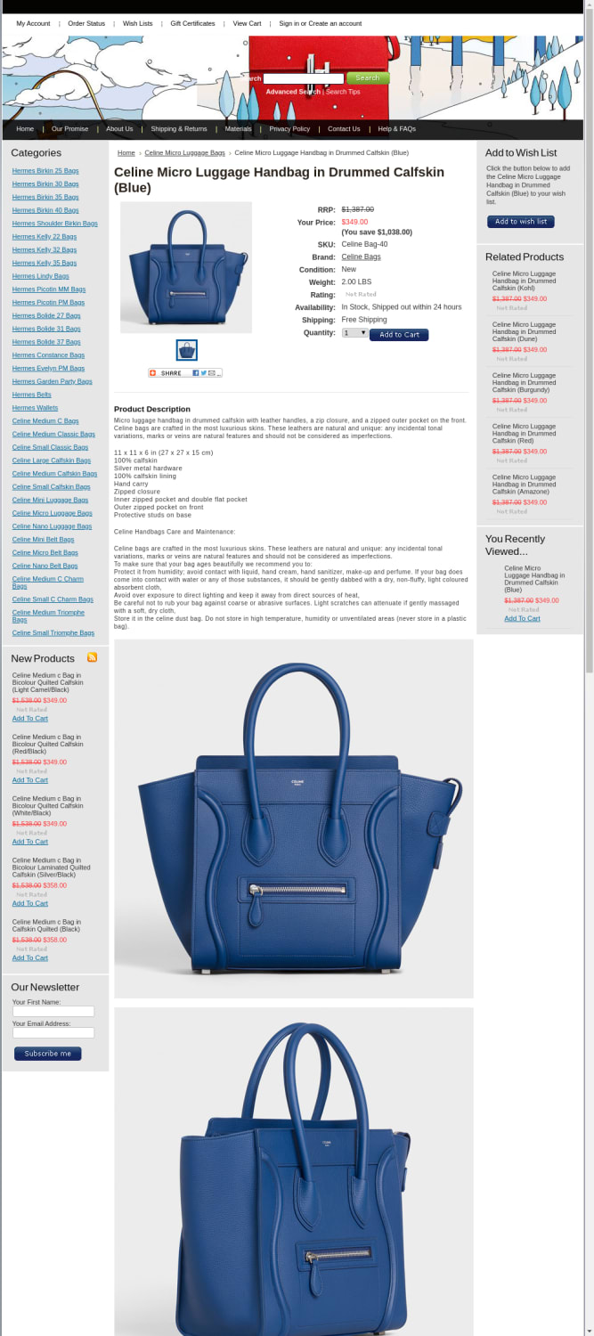 Celine Micro Luggage Handbag in Drummed Calfskin (Blue)