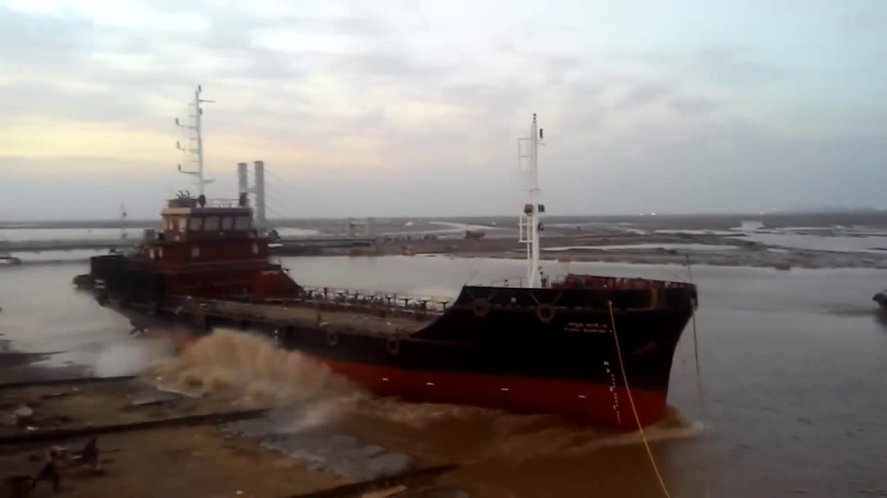 Side launching of Indian Navy fuel barge