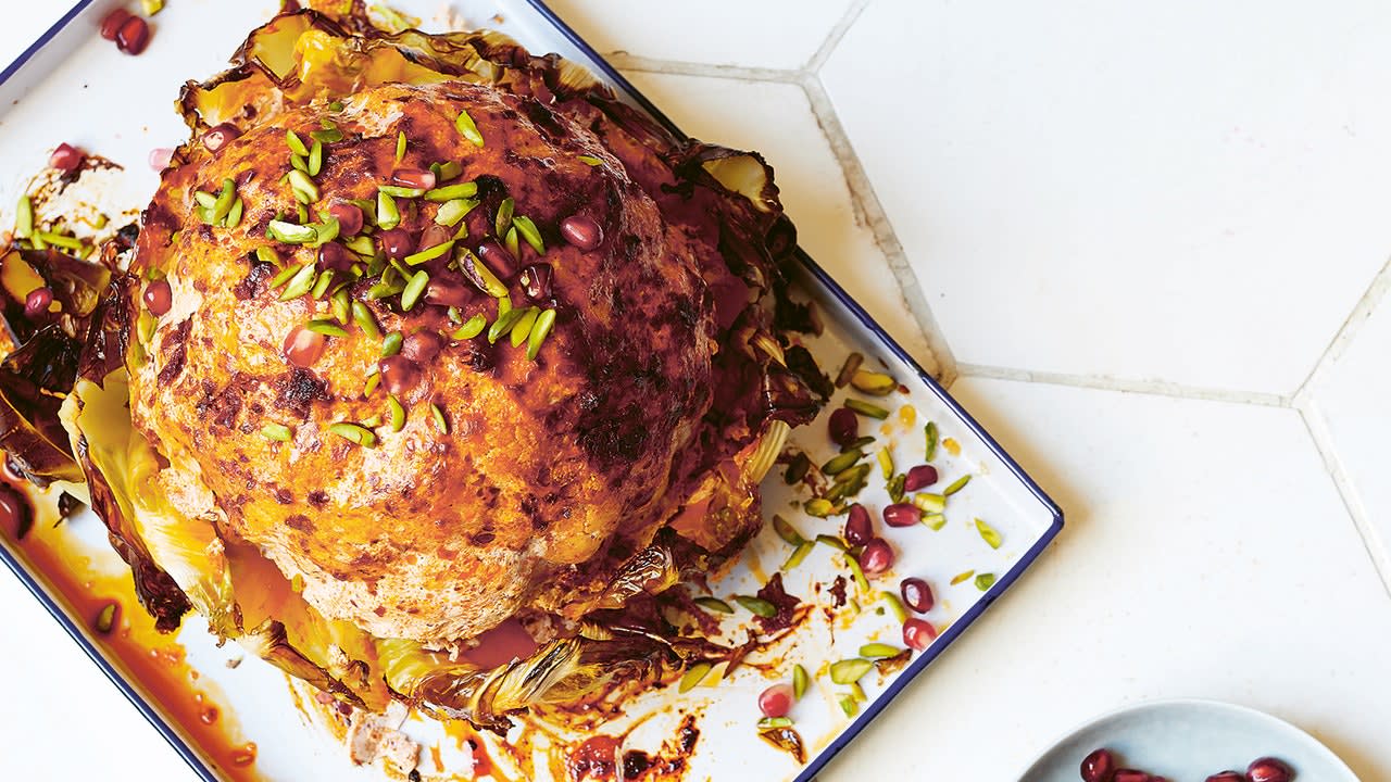 Roasted cauliflower with pomegranate and pistachios