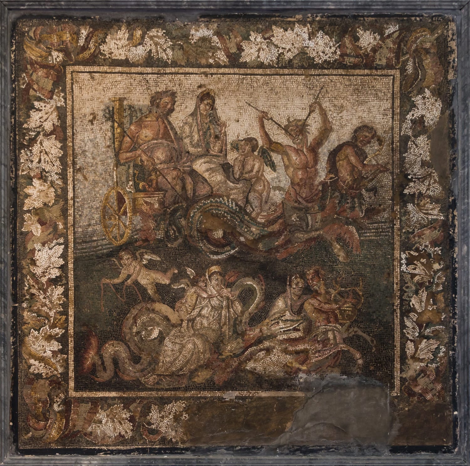 A Roman mosaic from Pompeii of Neptune and Amphitrite riding in a Triton-drawn chariot.