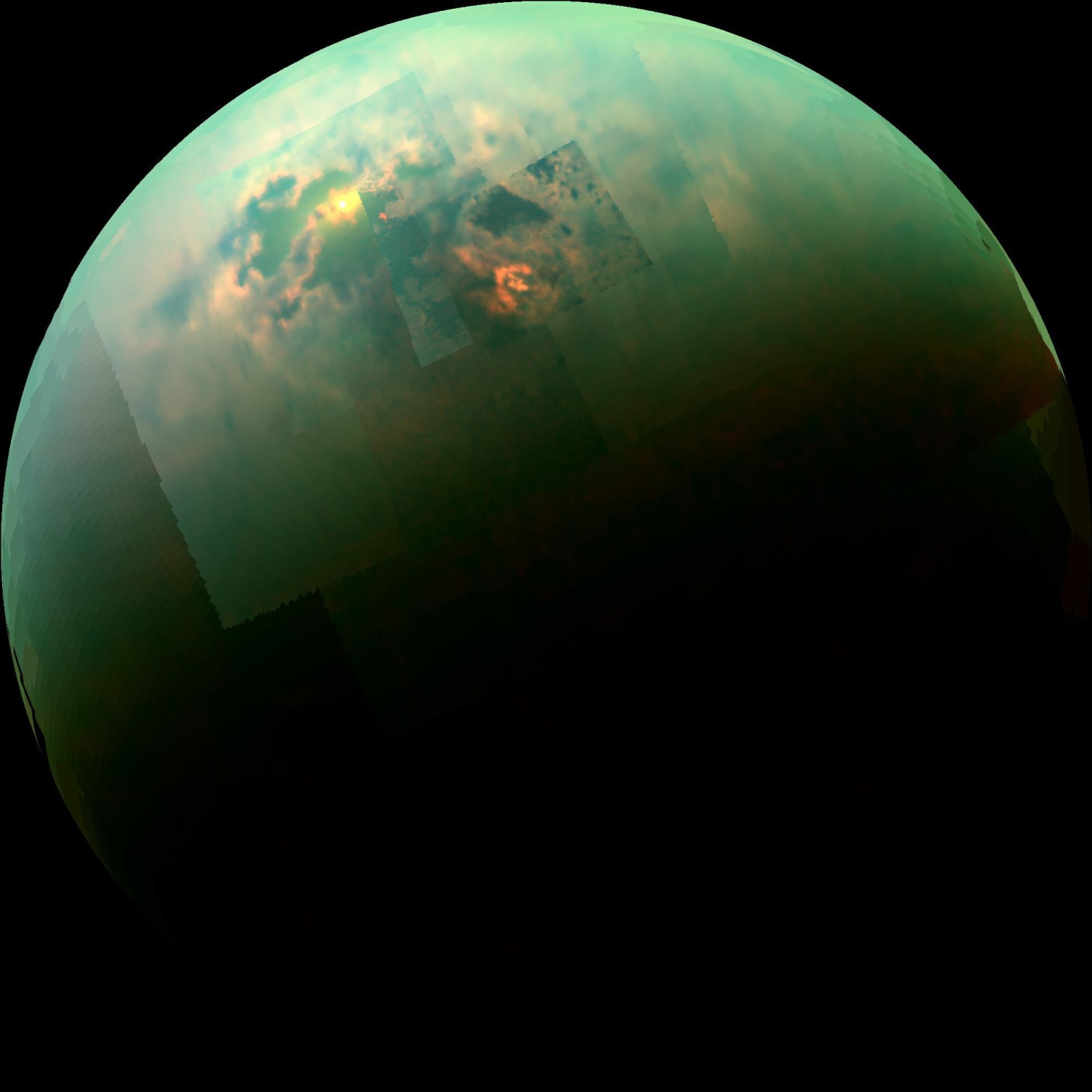 Titan [Saturn's Largest Moon] seas reflecting sunlight (Credit: NASA/JPL/Univ. Arizona/Univ. Idaho)
