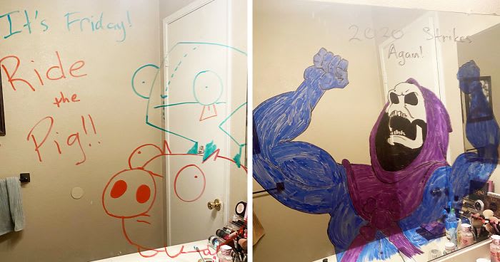 Woman Shares A Collection Of Her Husband’s Doodles On Her Bathroom Mirror (17 Pics)