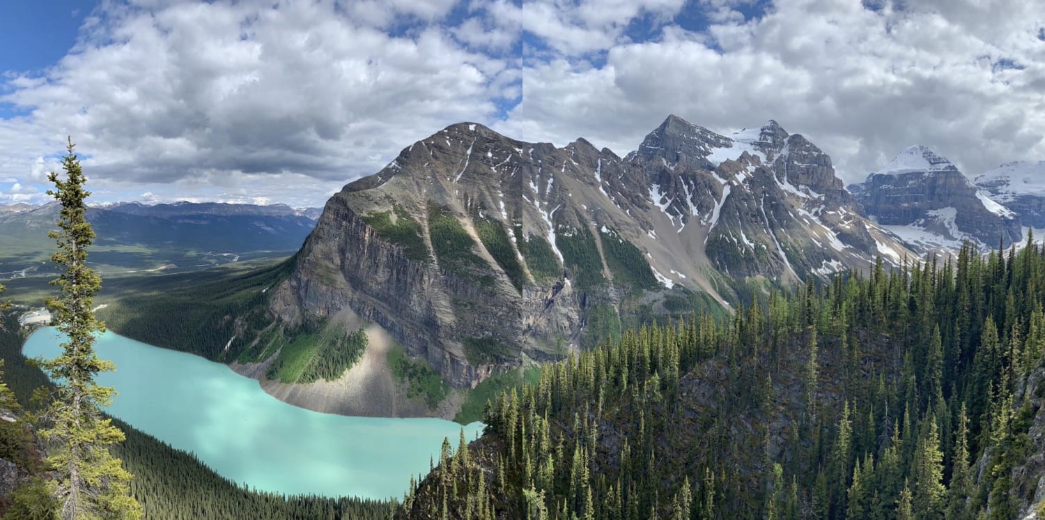 Took 2 photos from the top of Big Beehive trail overlooking Lake Louise and surrounding mountains, later realized they make a nice panorama if placed side by side! (Banff NP, Alberta, Canada)