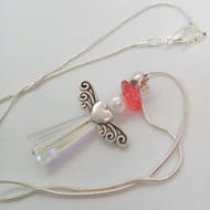Glass Crystal & Pearl Christmas Angel Pendant Necklace With Silver Plated Wings