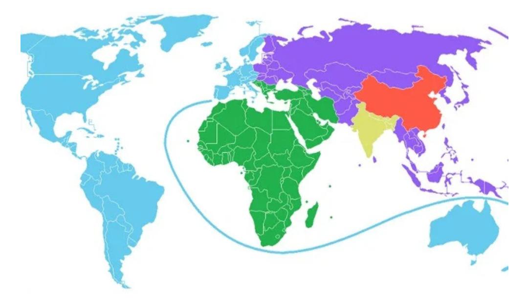 A map of the world split into regions to show just how large the population of China and India is compared to the rest of the world. Each region has around the same total population as China and India.