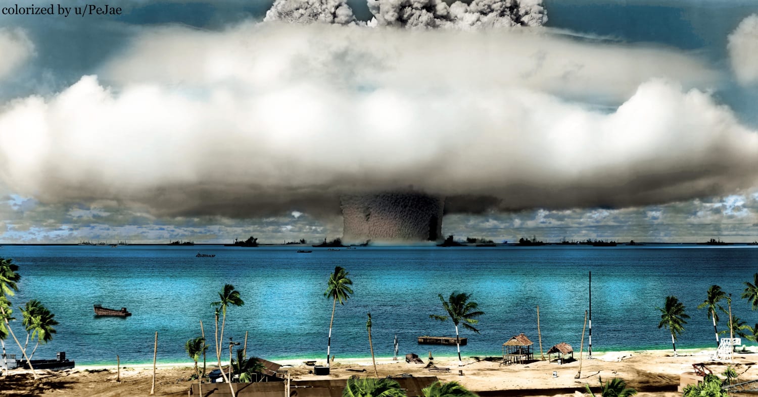A test nuclear explosion codenamed “Baker”, marshall islands, 1946. (colorized by me)