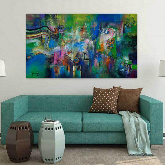Original abstract painting oil on canvas, blue green art, extra large contemporary art, textured oil paintings, peinture abstraite