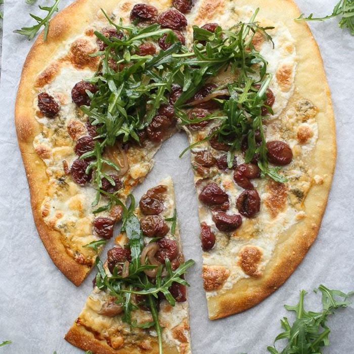 Arugula Pizza with Roasted Grapes - Easy Sweet + Savory Pizza!