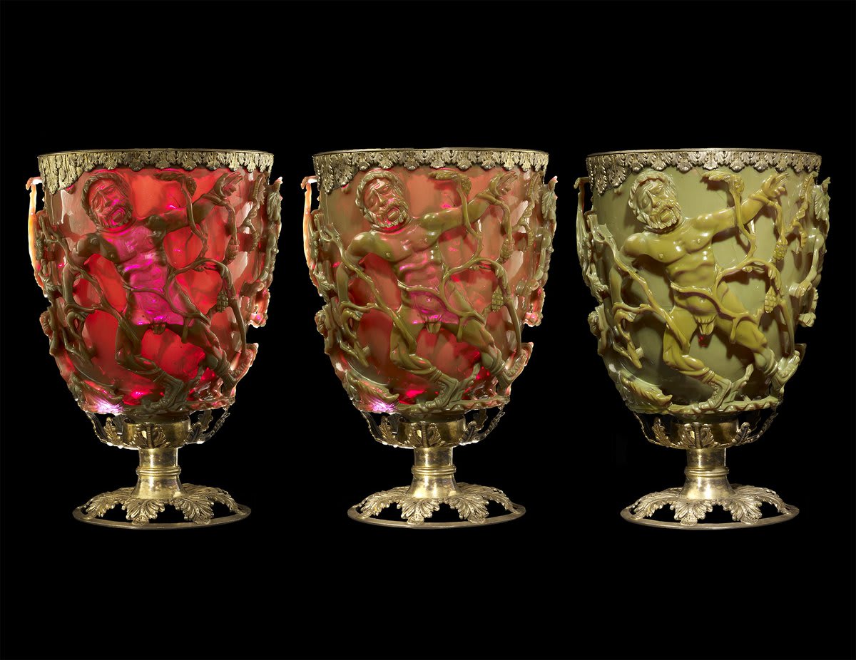 The Lycurgus Cup is the only complete example of colour-changing dichroic glass from ancient Rome. The glass contains nanoparticles of gold and silver – this makes it turn from opaque green to translucent red when light is shone through it