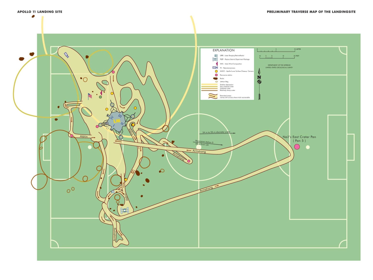 Map of Neil Armstrong’s Moonwalk compared to a football pitch. From the NASA history division. REPOSTED AS A JPG IMAGE.
