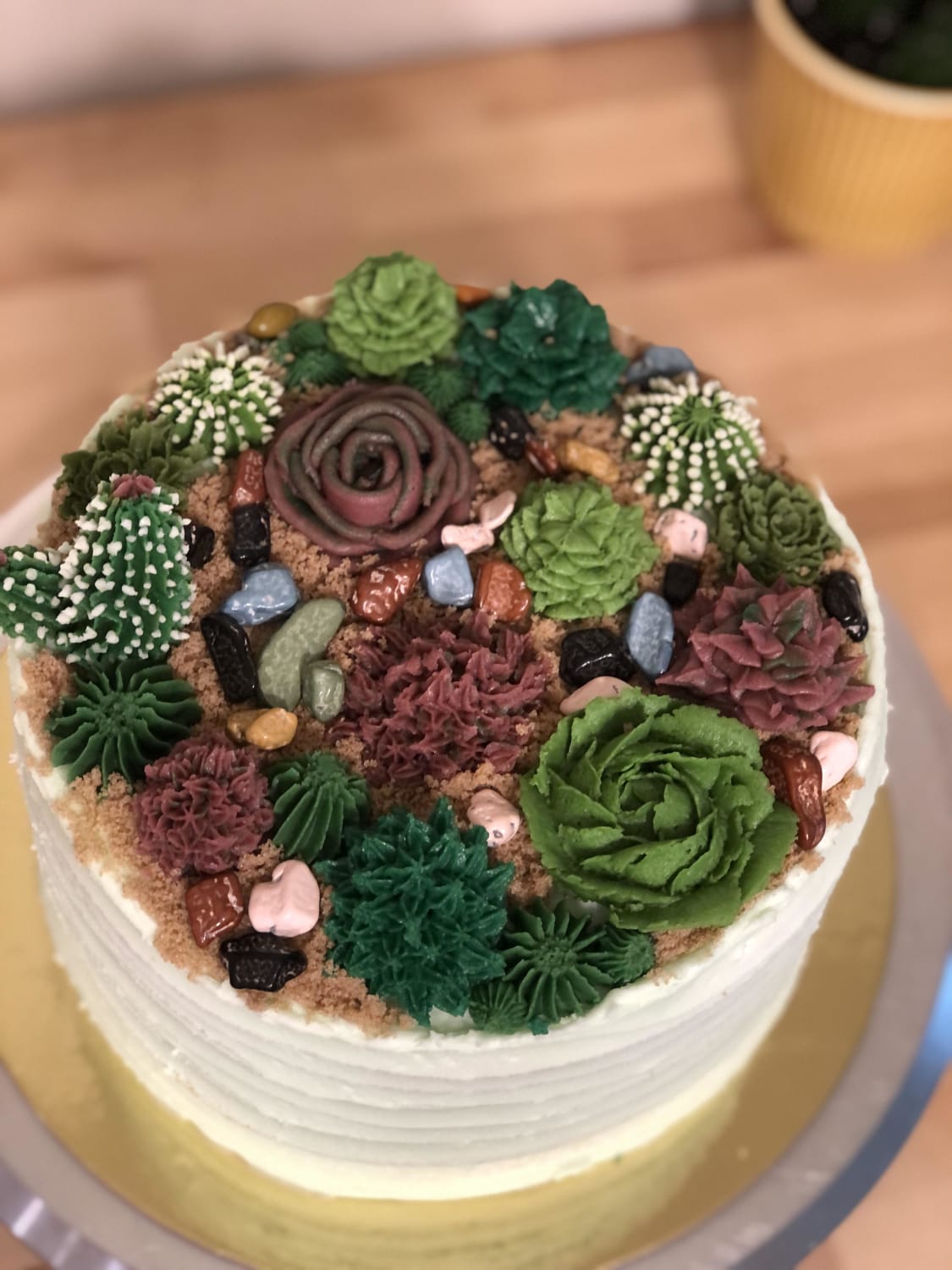 First time making buttercream succulents and cacti’s, brown sugar cake with pecan filling