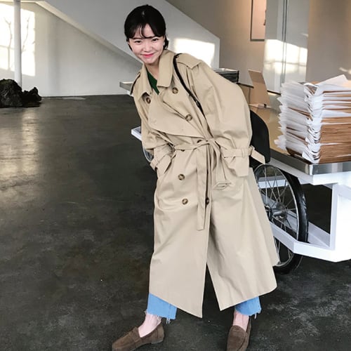 Women's autumn long sleeved double-breasted long trench coat