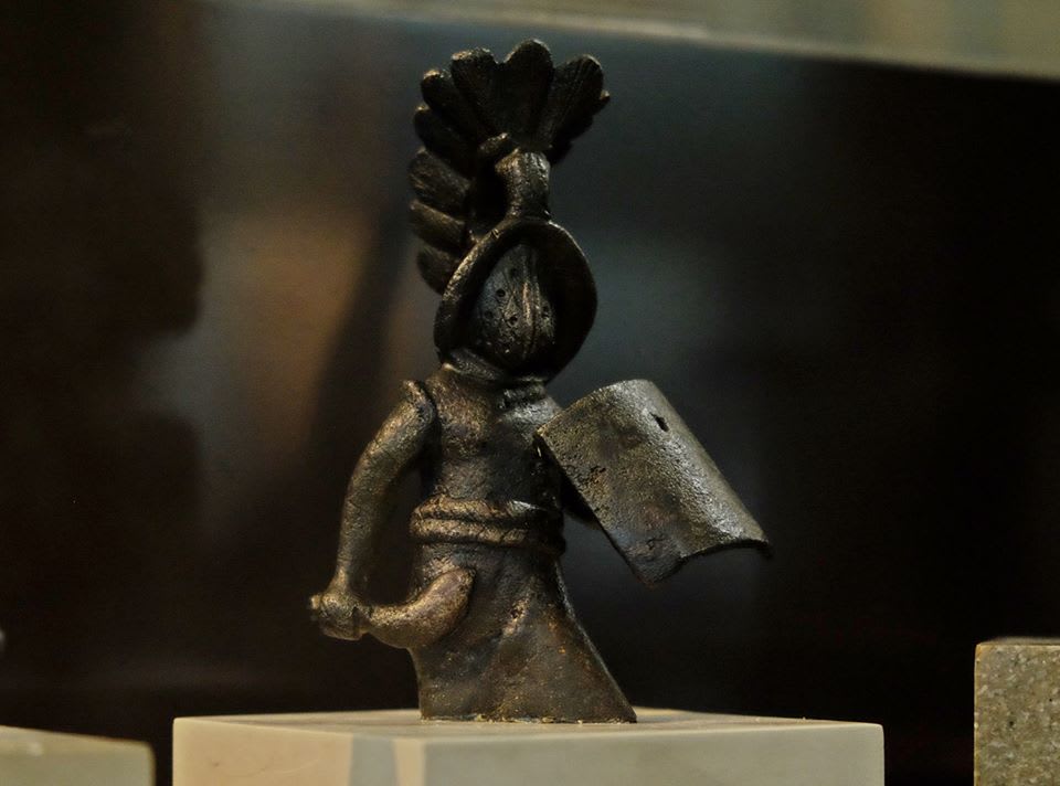 Roman statuette of gladiator thraex. The object dates to the 2nd century CE, found in Dubljani in Bosnia and Herzegovina. The facility is located in the National Museum of Serbia in Belgrade.