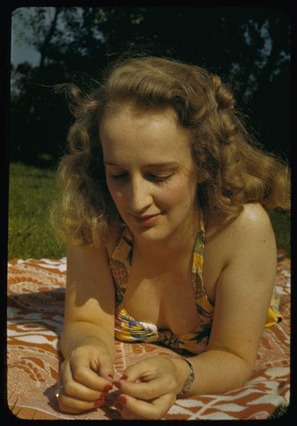 Woman sunbathing late 1940s. A scanned Kodachrome slide