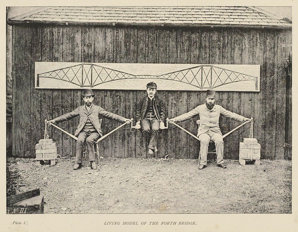 Human cantilever used to demonstrate that the Forth estuary in Scotland could be bridged on the cantilever and central girder principle. Alison Metcalfe on the triumphs and disasters of 19th-century Scottish bridge building: