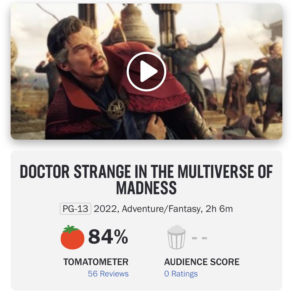 Doctor Strange in the Multiverse of Madness is currently fresh with 84% on Rotten Tomatoes!