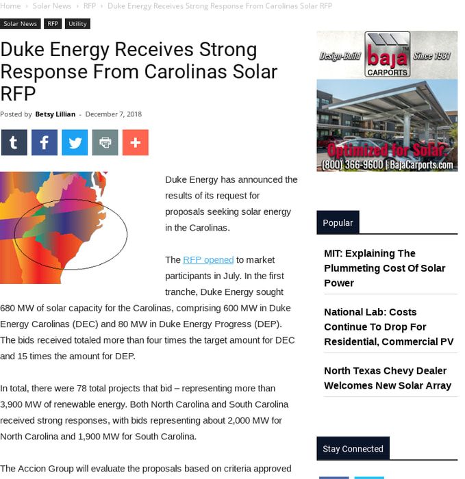 Duke Energy Receives Strong Response From Carolinas Solar RFP - Solar Industry