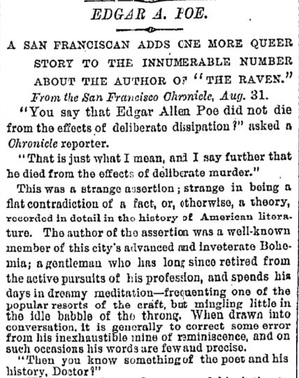 Author Edgar Allen Poe was born this day in 1809. In 1878, The Times reported on the strange theories around his death.