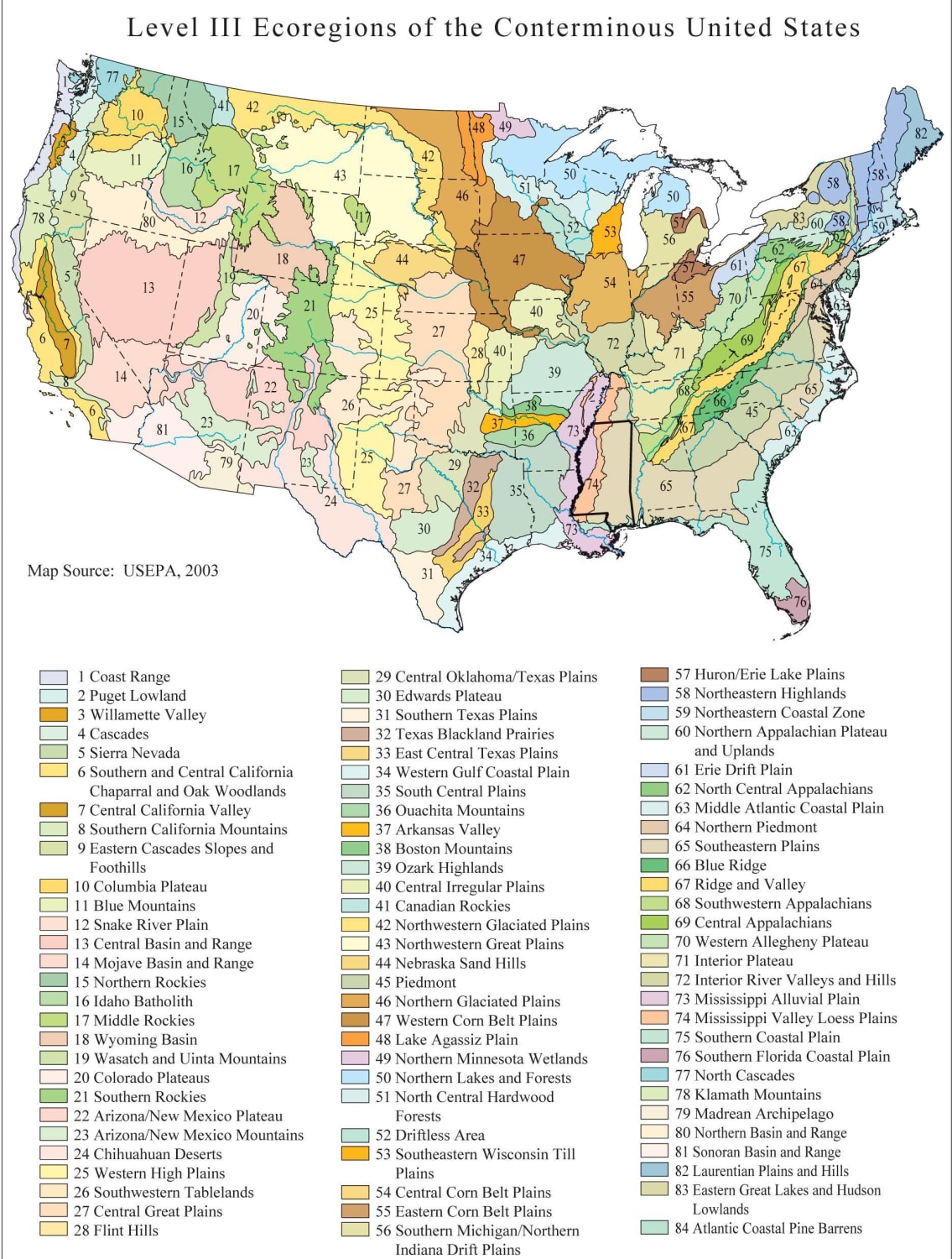 The 84 distinct Ecoregions of the Coterminous United States (U.S. EPA, 2003) pixels]