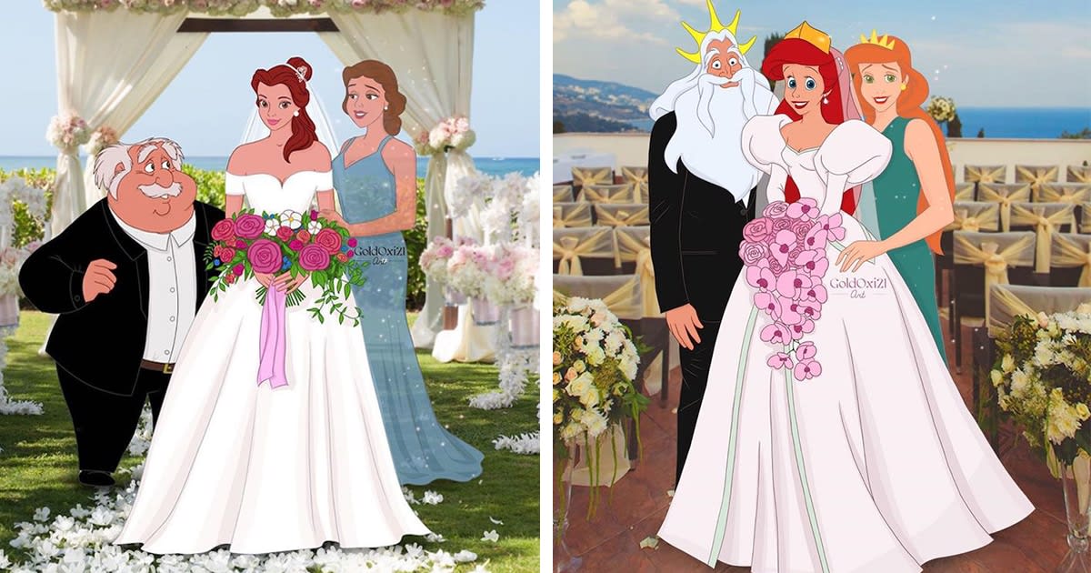 Illustrator Reimagines Disney Princesses as Brides Posing for Wedding Photos With Their Parents