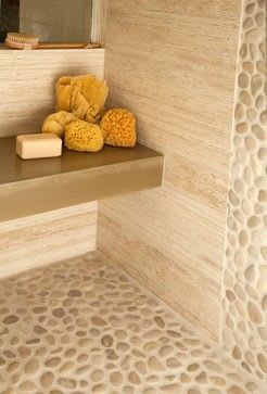 Master bath: pale pebble tile shower floor, natural/ neutral shower wall tile - either stone or wood look - in similar, low-contrast color.