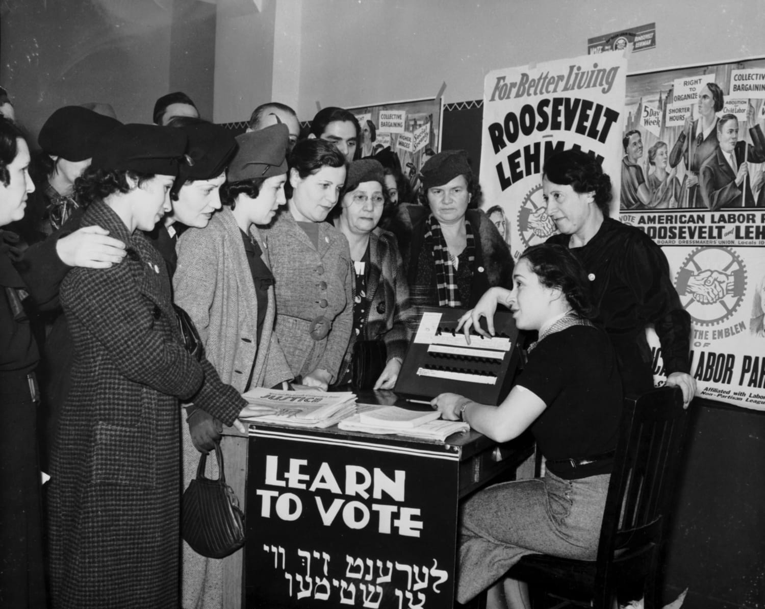 Women from the American Labor Party showing other women how to vote. New York, 1936.