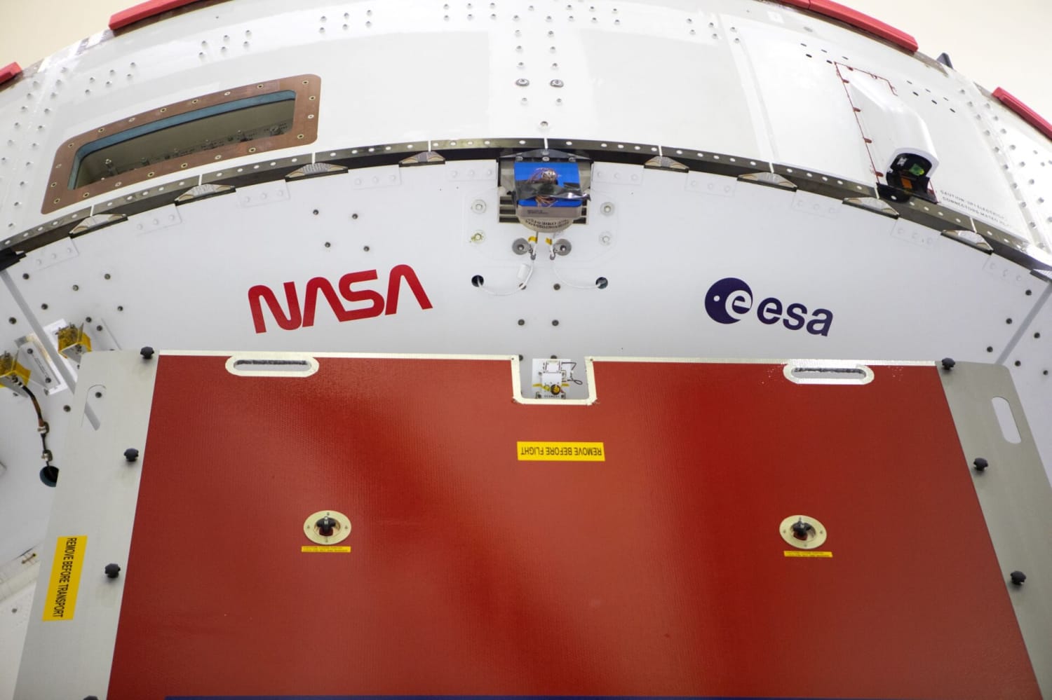ESA and NASA logos on Artemis I rocket and Orion