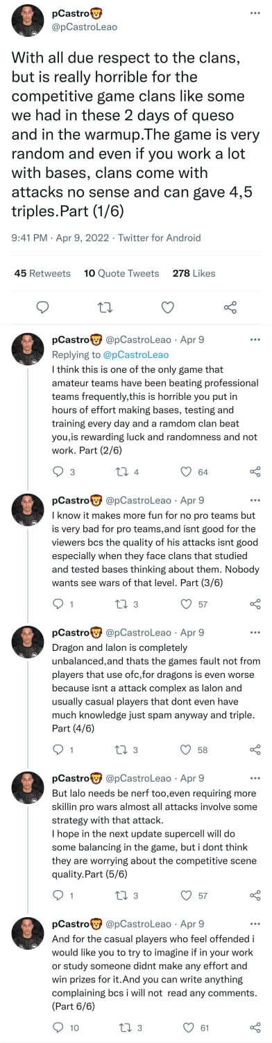 Interesting tweet from pCastro about the state of the game and how it affects the Clash eSports scene