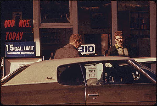 “MOTORISTS WITH ODD-NUMBERED LICENSE PLATES COULD OBTAIN GASOLINE AT THIS STATION THE LIMIT WAS 15 GALLONS,” 45 years ago