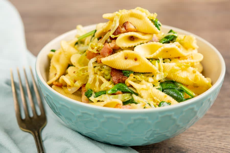 Cabbage Pasta with Bacon & Mustard